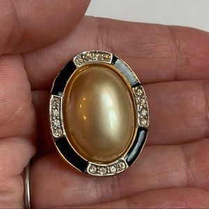 Carolee Faux Pearl Rhinestone Black Enamel Large Oval Vintage Clip On Earrings